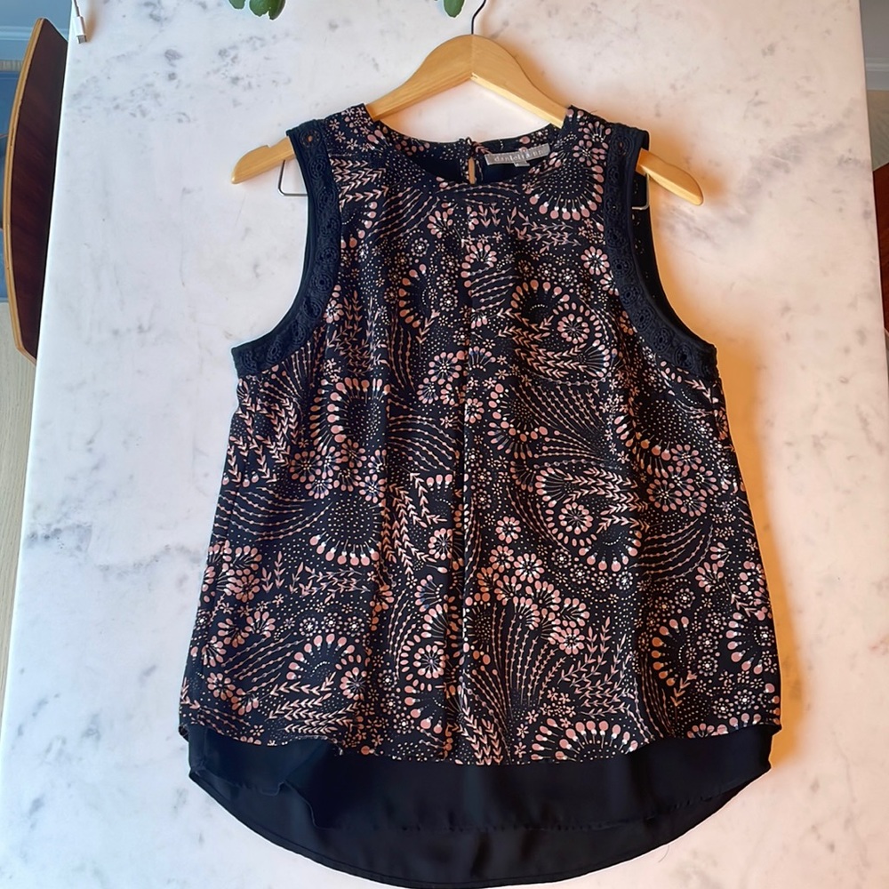 Daniel Rainn patterned floral flouncy rose/blue/embroidered dual layer blouse